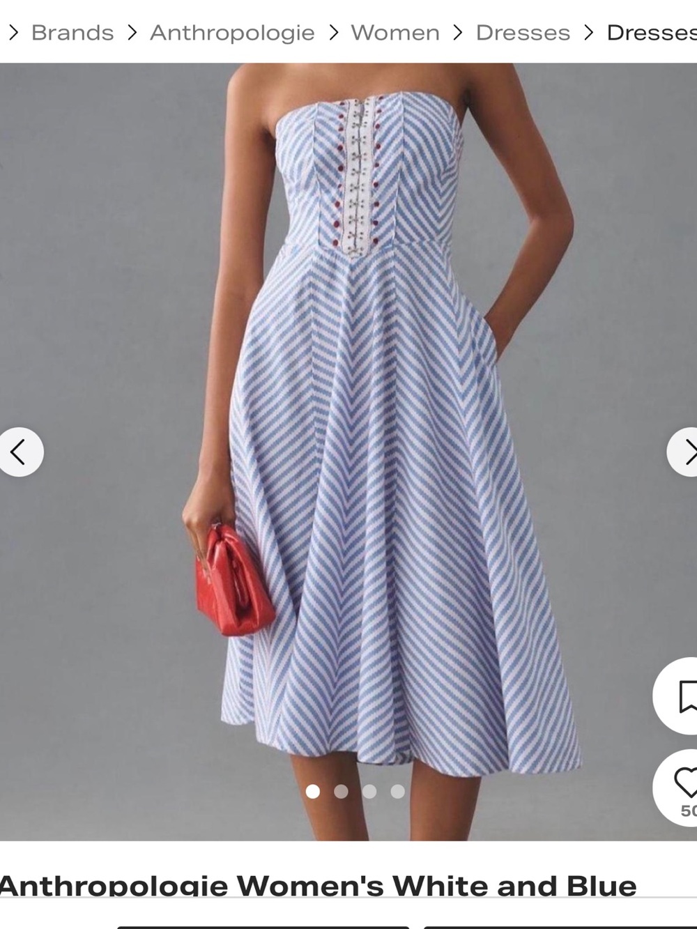 Anthropologie Strapless Blue and White Chevron Midi Dress